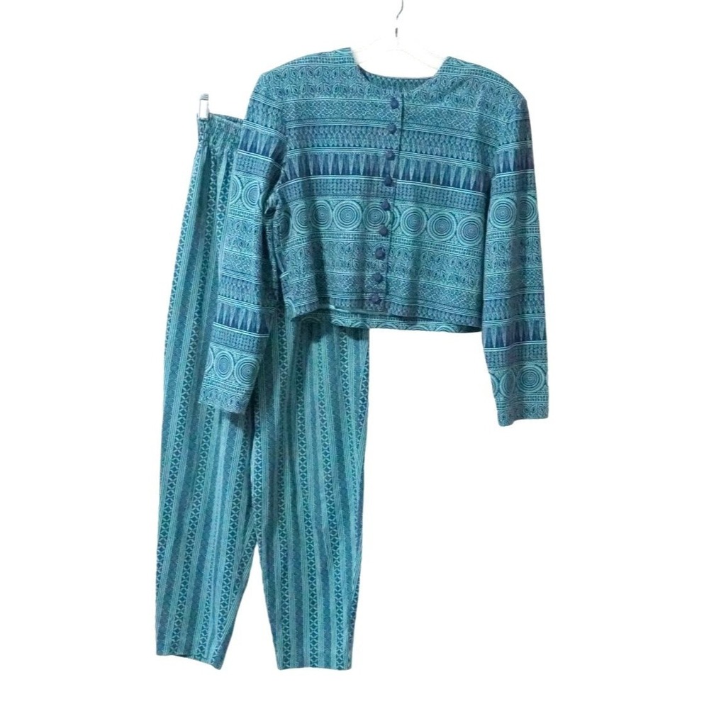 A. Byer Pant Set Women Medium Teal Blue‎ Vintage Geometric Button Jacket Pants
